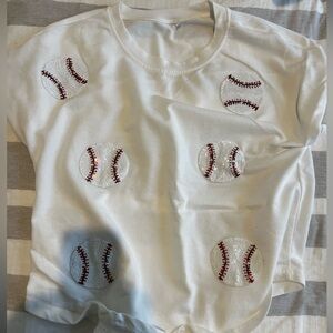 White T-Shirt with Baseball Sequin Design